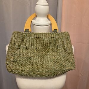 Green Woven Handbag with Yellow Handles
